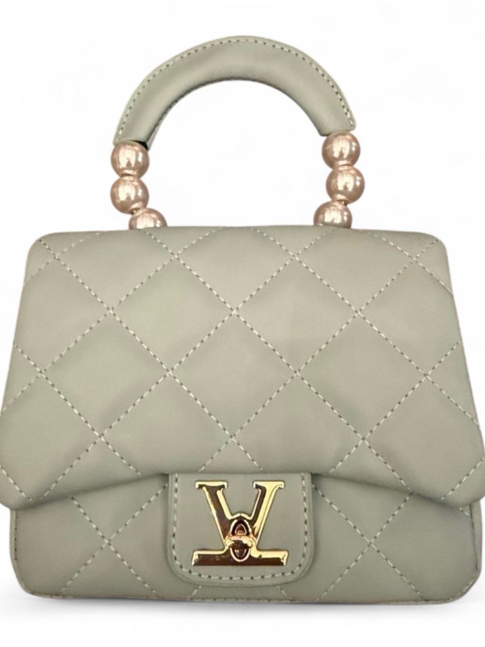 Quilted Kids Top-Handle Bag in Soft Blue Green with Gold Accent & Faux Pearls